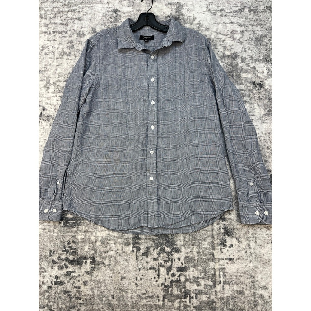 Banana Republic Mens M Shirt Plaid Navy Linen Blend Slim Fit Button Up Classic